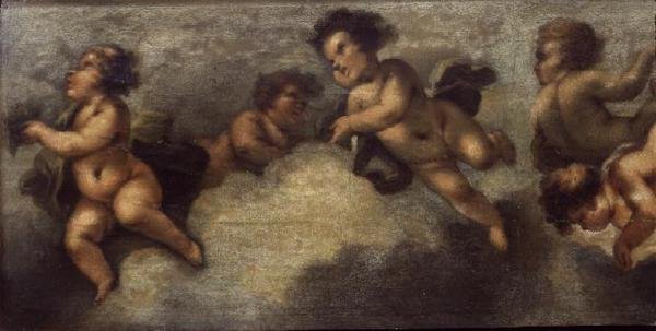 Putti disporting (papel sobre tela) (detalhe à esquerda) (ver também 67091-94) de Luca Giordano
