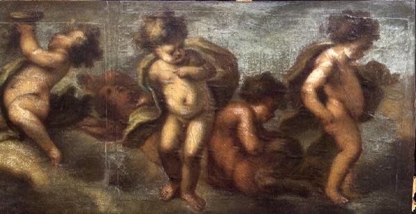 Putti disporting (papel sobre tela) (detalhe à direita) (ver também 67087-90) de Luca Giordano