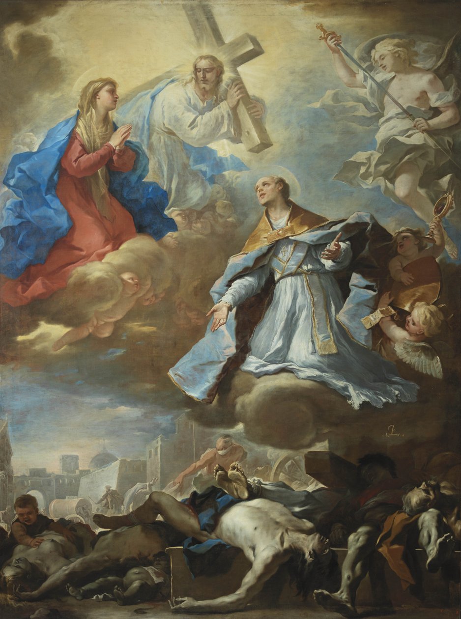São Januário Intercedendo à Virgem Maria, Cristo e Deus Pai pelas Vítimas da Peste, de Luca Giordano
