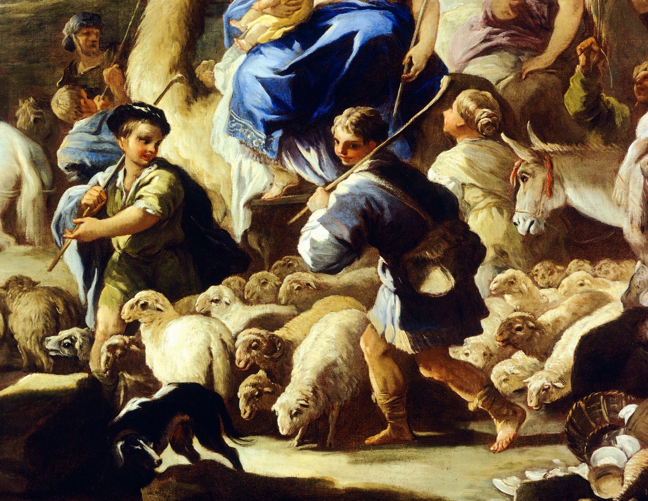 Ovelhas e pastores, detalhe da partida de Rebecca para Canaã, de Luca Giordano (1634-1705), óleo sobre cobre, 59x85 cm de Luca Giordano
