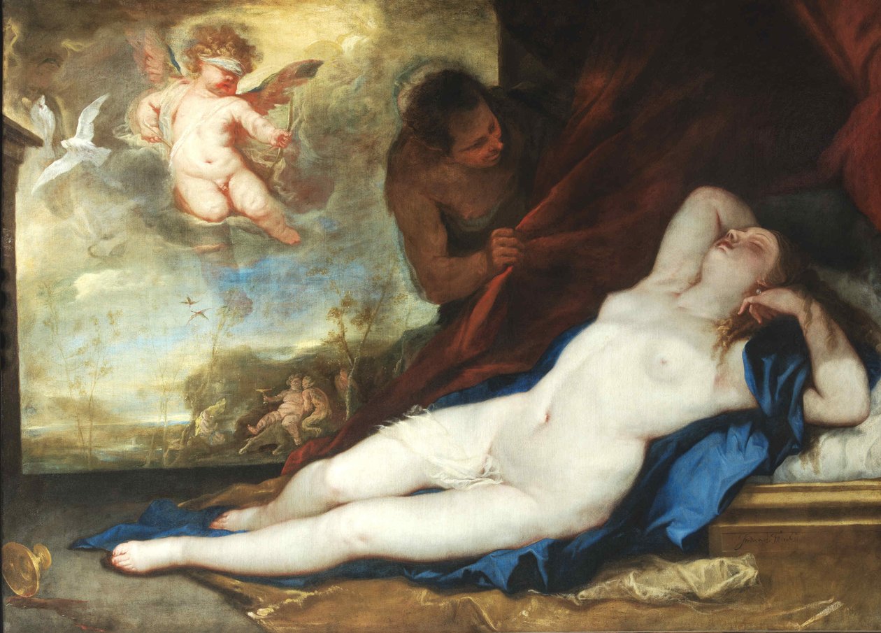 Vênus adormecida, Amor e Sátiro, c. 1670. de Luca Giordano