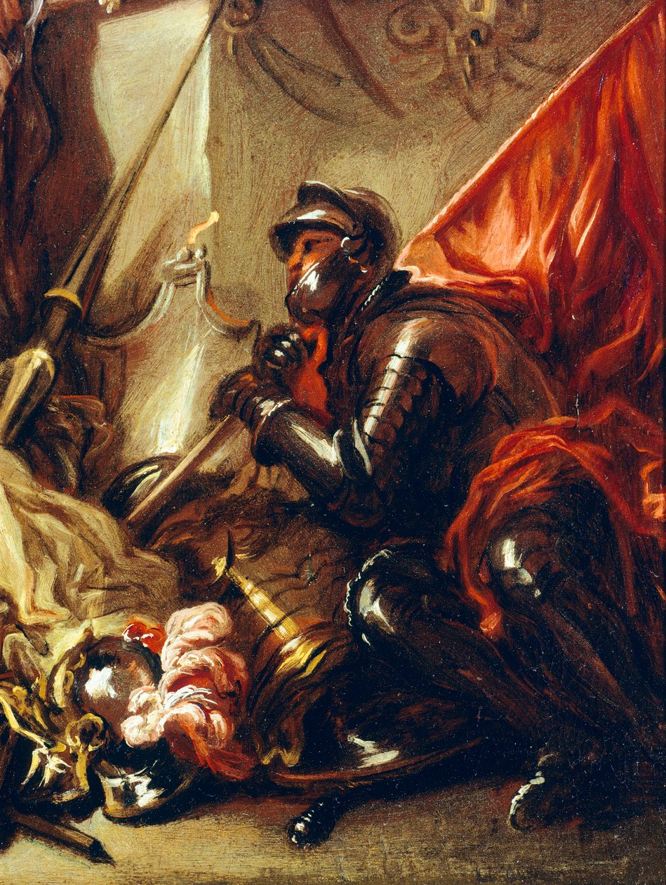 Soldado segurando bandeira, detalhe da Alegoria da Guerra, de Luca Giordano (1634-1705), óleo sobre tela, 61x50 cm de Luca Giordano