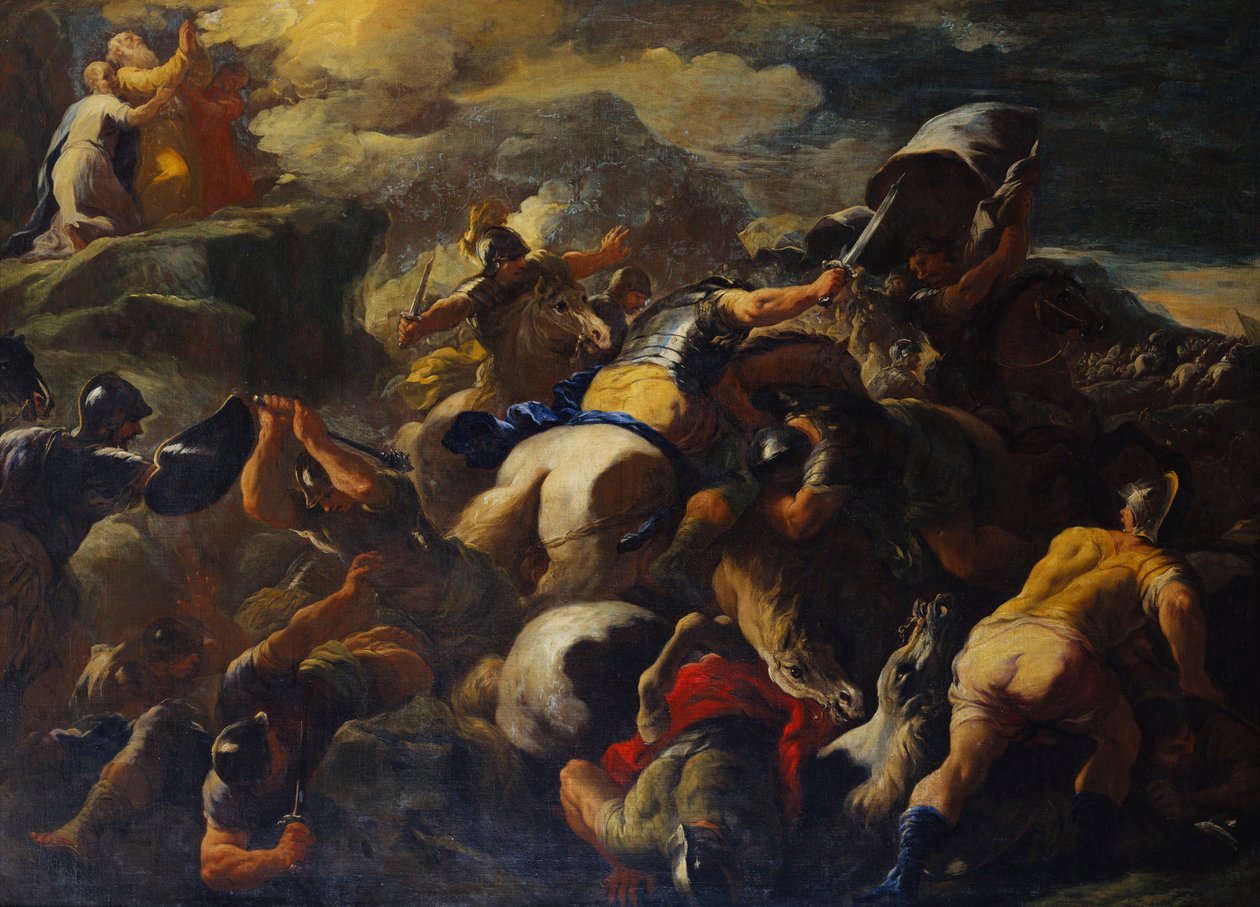 A batalha entre israelitas e amalequitas, Arão e Hur apoiando os braços de Moisés no topo de uma colina além de Luca Giordano