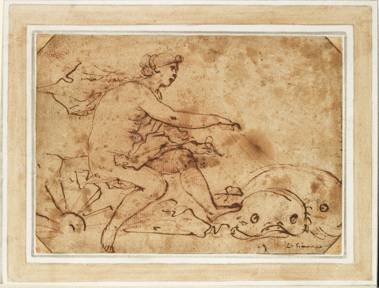 O Triunfo de Galatéia, século 17 (tinta e giz vermelho sobre papel) de Luca Giordano
