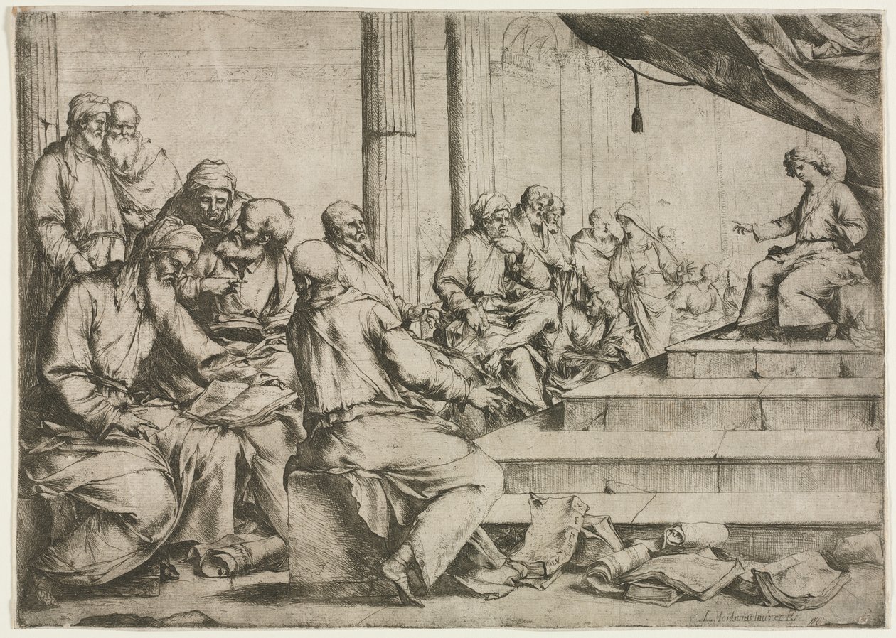 O jovem ensino de Cristo no templo, c. 1653 de Luca Giordano