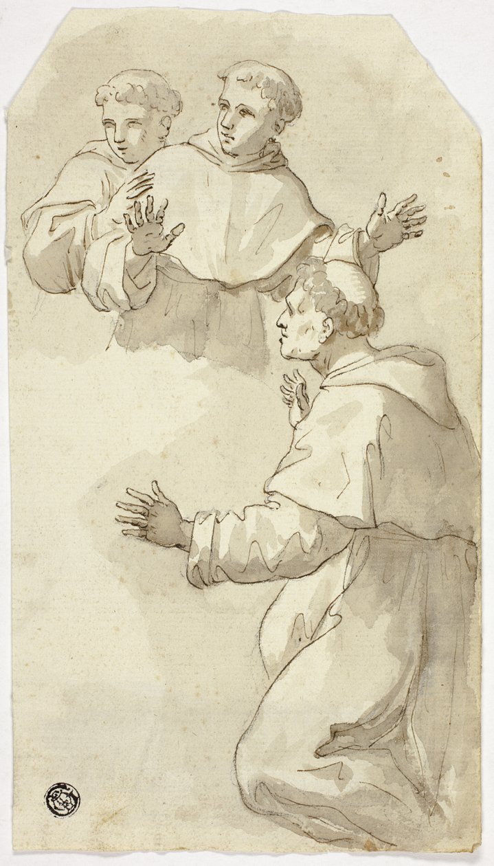 Três monges assustados, um ajoelhado, dois de pé de Luca Giordano