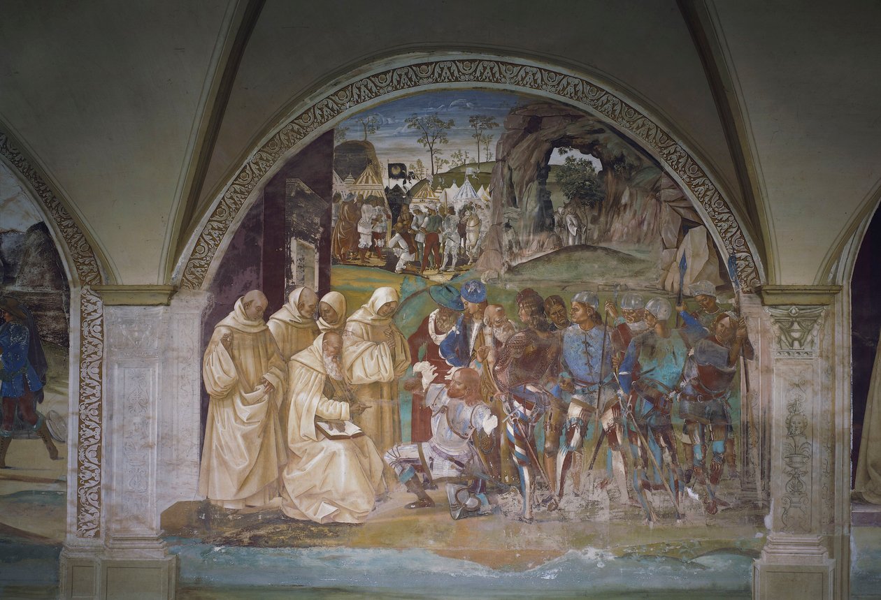 Benedito descobre o engano de Totila, cena da Vida de São Bento de Luca Signorelli