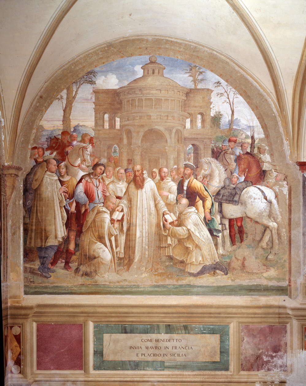 Bento envia Maurus na França e Placid na Sicília (Bento envia Maurus na França e Placid na Sicília) Fresco do claustro feito por Luca Signorelli recontando a vida de São Bento de Nursie (480 - 567) fundador da Ordem de Beneditino 1497- de Luca Signorelli