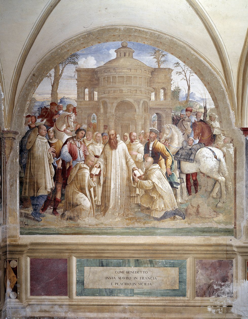 Bento envia Maurus na França e Placid na Sicília (Bento envia Maurus na França e Placid na Sicília) Fresco do claustro feito por Luca Signorelli recontando a vida de São Bento de Nursie (480 - 567) fundador da Ordem de Beneditino 1497- de Luca Signorelli