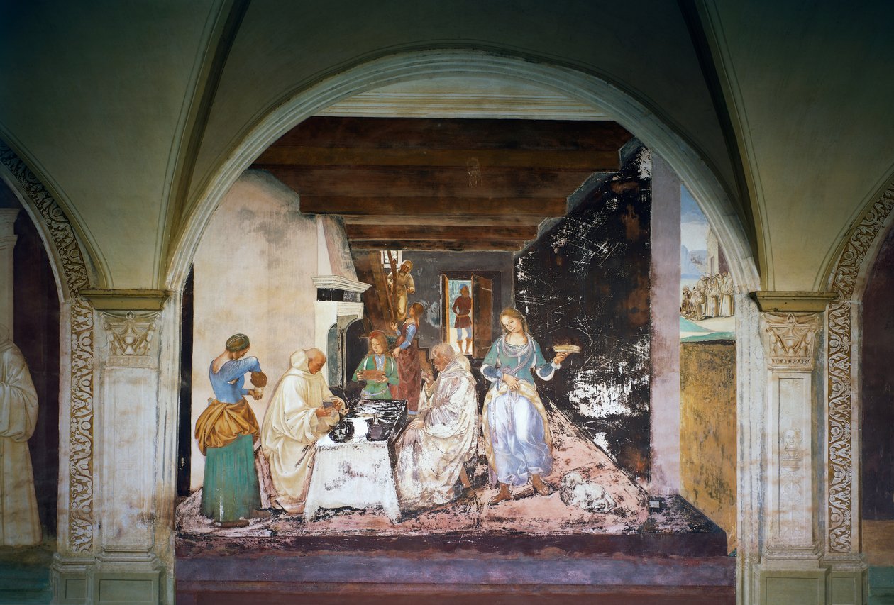 Benedicto conta a dois monges quando e onde eles comeram fora do mosteiro, cena da Vida de São Bento de Luca Signorelli