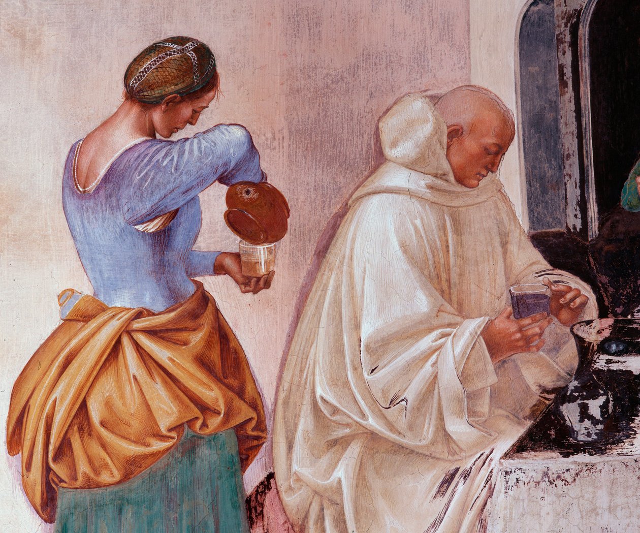 Benedito disse aos monges onde e quando eles comiam fora do mosteiro Detalhe do fresco do claustro feito por Luca Signorelli (ca. 1445-1523) contando a vida de São Bento de Nursia (480 - 567) fundador da Ordem de Beneditino 1497-1498 Abadia de Monte Ol de Luca Signorelli