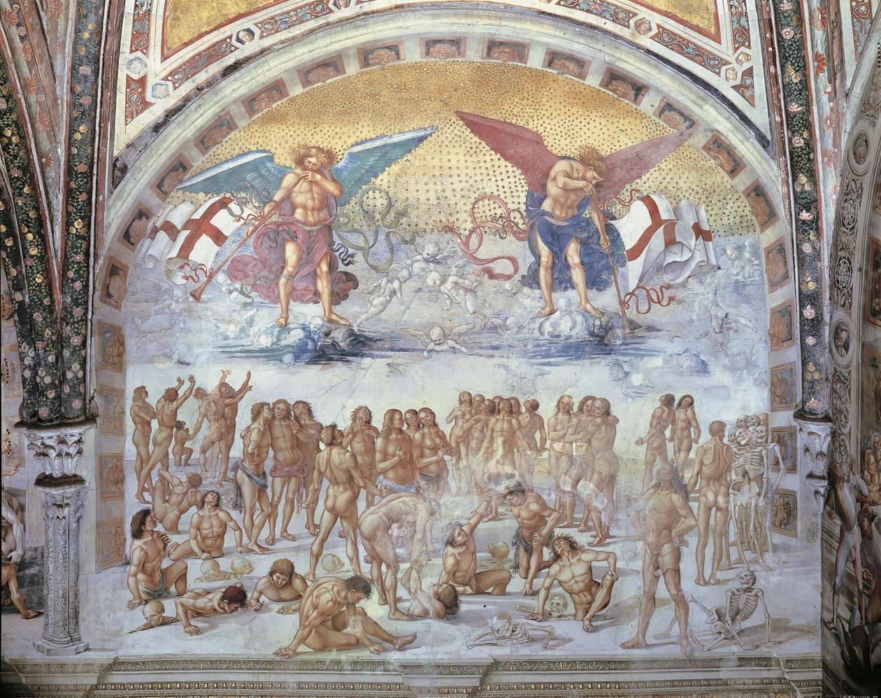 Grande plano de um afresco numa catedral, Ressurreição da Carne, Luca Signorelli, Orvieto, Umbria, Itália de Luca Signorelli