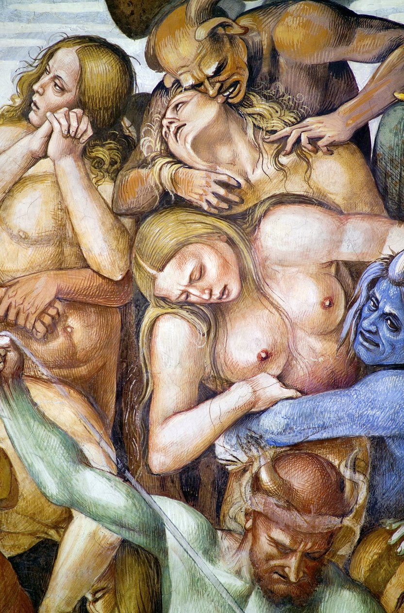 Amaldiçoado no inferno, detalhe com auto-retrato de Luca Signorelli disfarçado de demônio azul, do ciclo de afrescos do Juízo Final. de Luca Signorelli