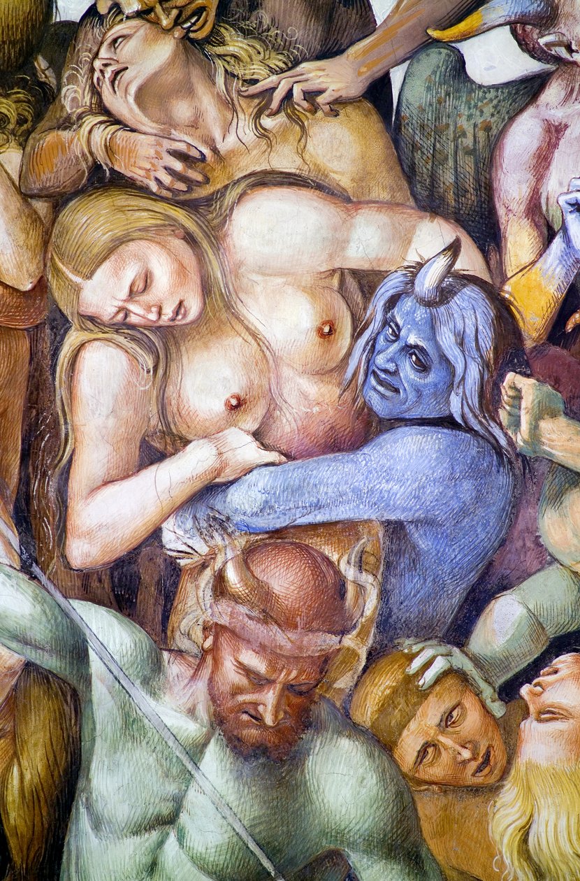 Amaldiçoado no inferno, detalhe com auto-retrato de Luca Signorelli disfarçado de demônio azul, do ciclo de afrescos do Juízo Final. de Luca Signorelli