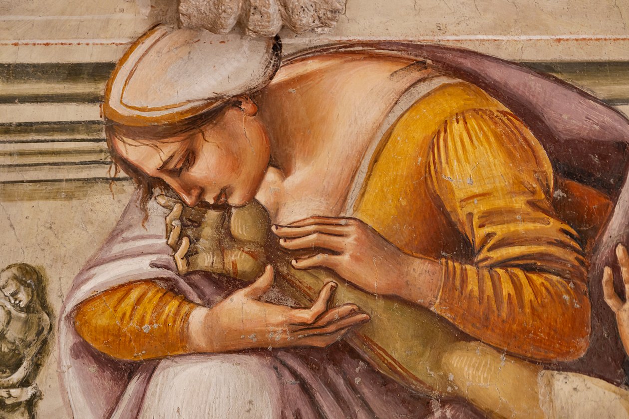 Lamentação do Cristo Morto entre os dois santos de Orvieto (S. Parenzo à direita e S. Faustino à esquerda), detalhe de Luca Signorelli