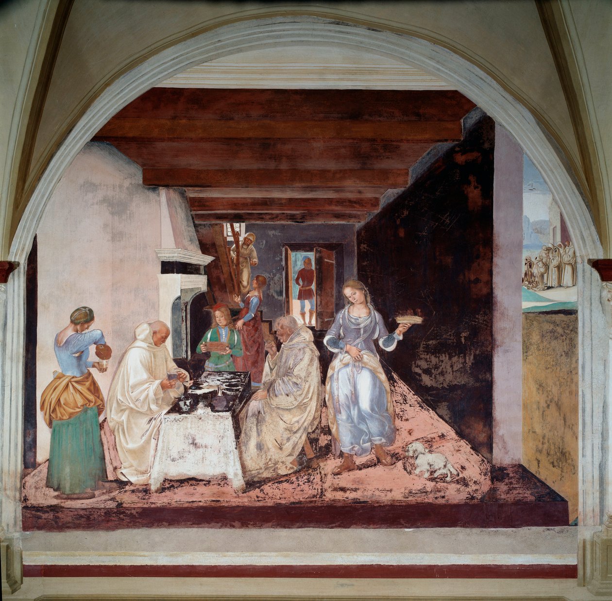 Vida de São Bento de Nursie (ca. 480-547): "Como Bento disse aos monges onde e quando está previsto comer fora do mosteiro" (Como Bento disse aos monges onde e quando está previsto comer fora do mosteiro) Fresco do claustro produzido de Luca Signorelli