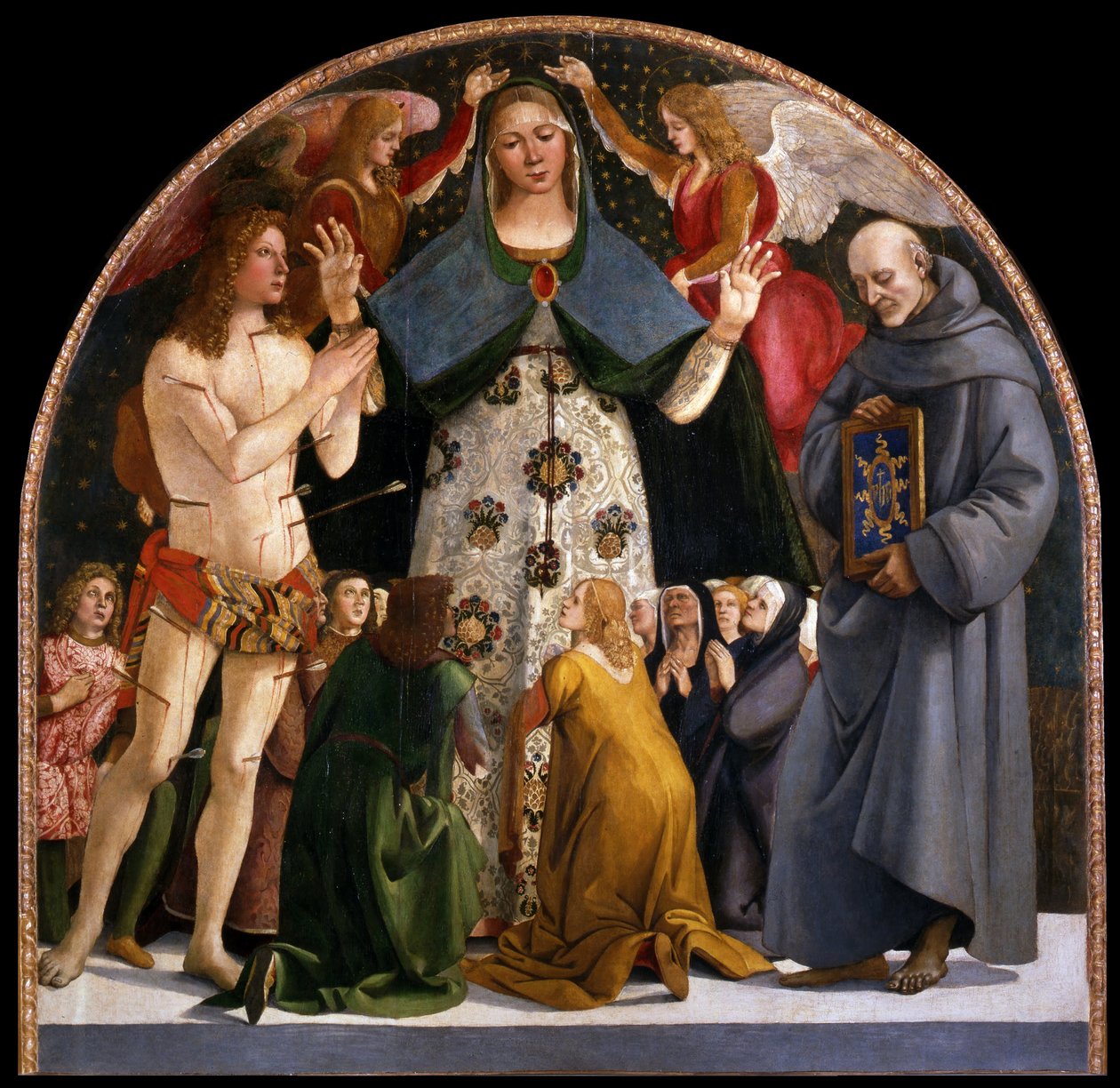 Madona da Misericórdia e dos Santos Sebastião e Bernardino da Siena, c. 1490 de Luca Signorelli