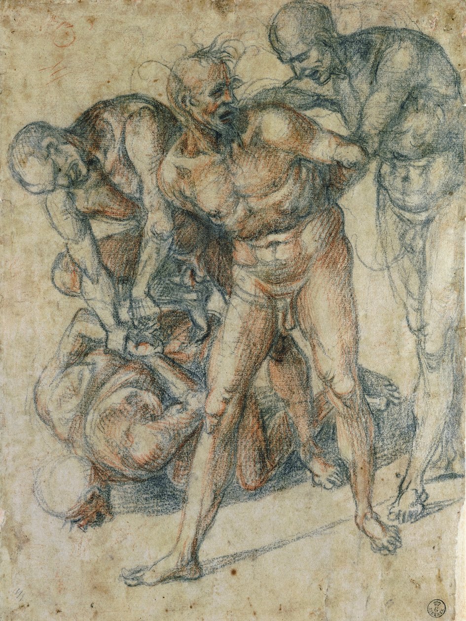 Nus masculinos (giz vermelho e preto sobre papel) de Luca Signorelli
