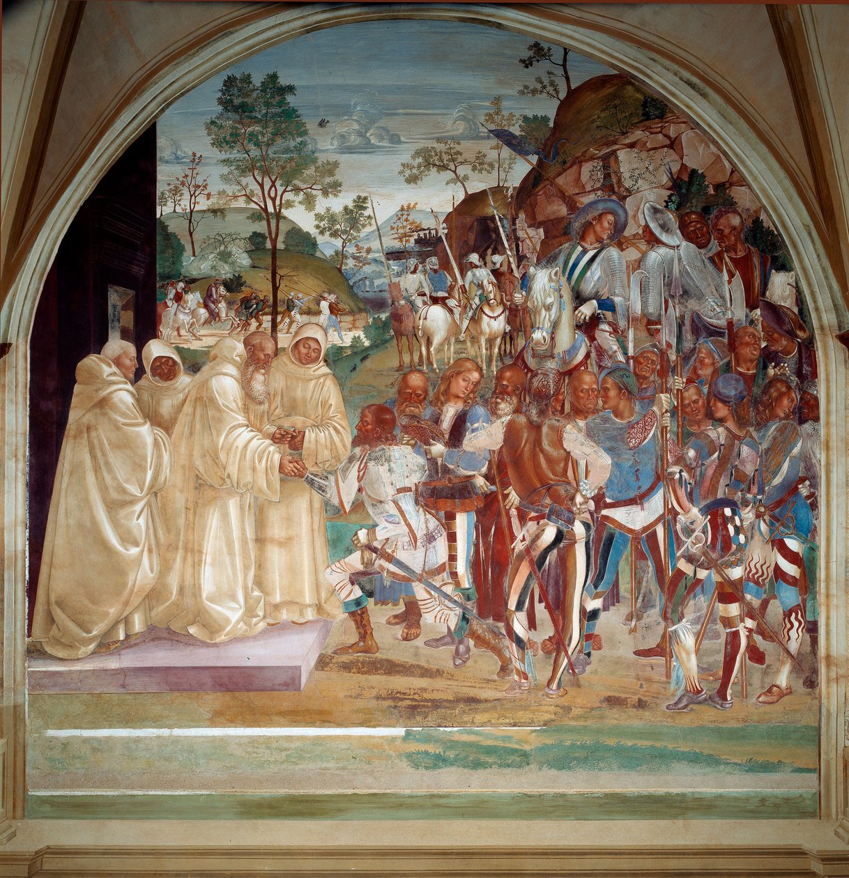 São Benedito de Nursia dando as boas-vindas a Totila (século VI) rei dos ostrogodos afresco do refeitório dos monges feito por Luca Signorelli recontando a vida de São Benedito de Nursie (480 - 567) fundador da Ordem dos Beneditinos. 1503 - 1508 Abadia de Luca Signorelli