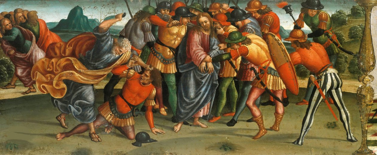 A Captura de Cristo. Lamentação sobre o Cristo Morto, painel Predella, 1502. de Luca Signorelli