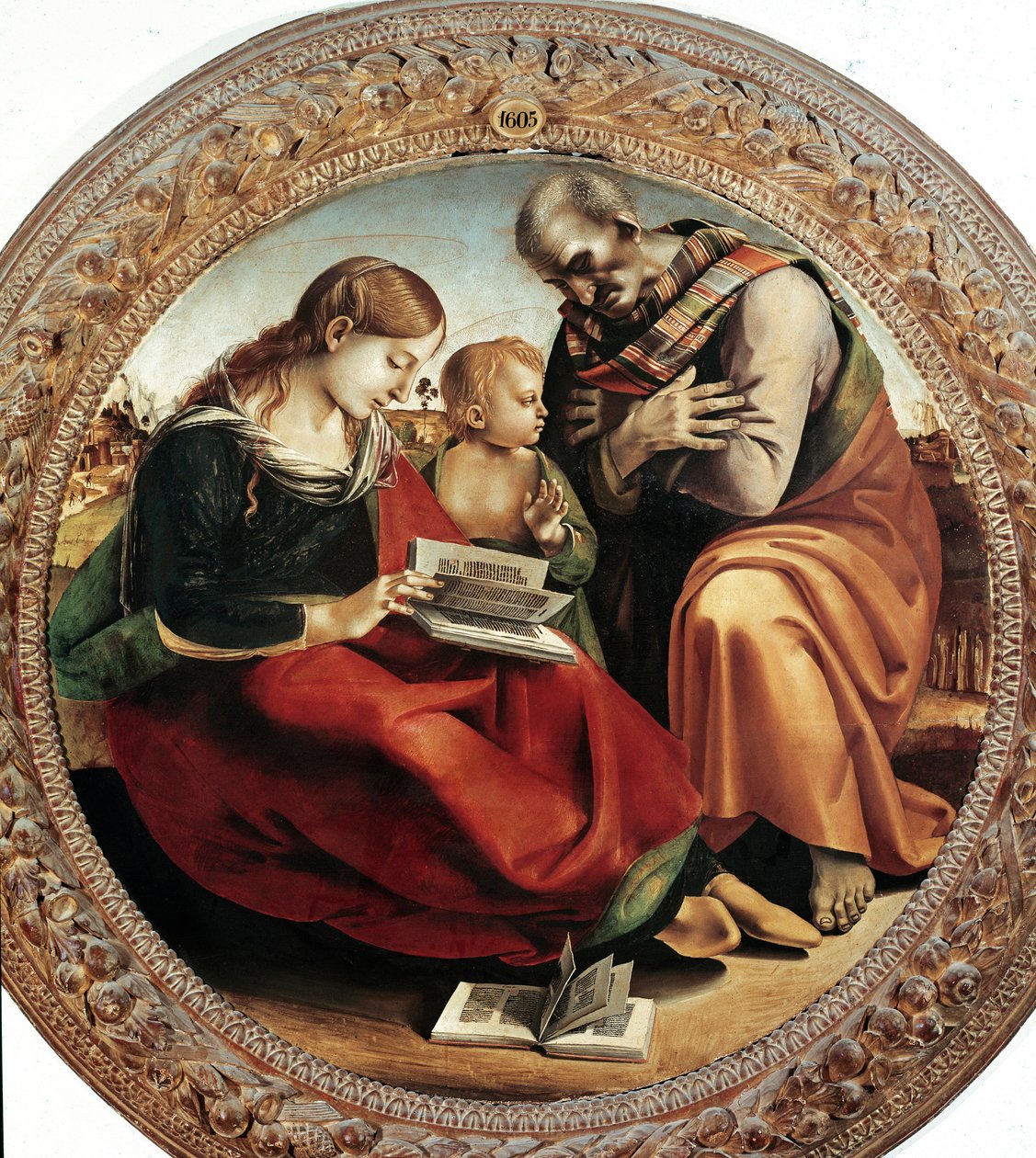 A Sagrada Família. Pintura de Luca Signorelli (1450-1523), cerca de 1495. Tondo. Óleo sobre tela. Diâmetro: 124 cm. Florença, Galeria Uffizi (Florença, Museu Uffizi) de Luca Signorelli