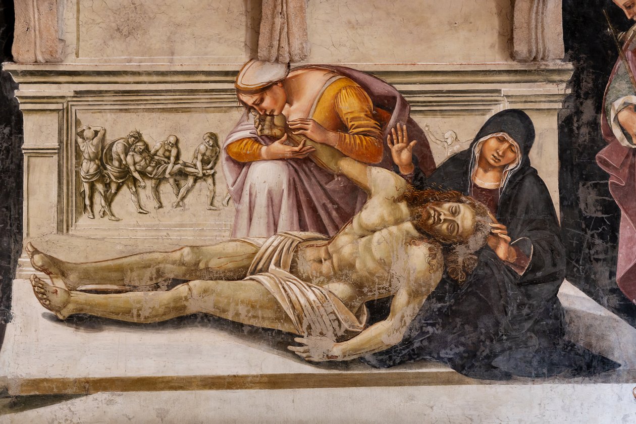 O interior, Capela Nova ou Capela de São Brizio, Capela dos Santos Corpos: "Lamento do Cristo Morto" entre os dois santos de Orvieto (S. Parenzo à direita e S. Faustino à esquerda), de Luca Signorelli de Luca Signorelli
