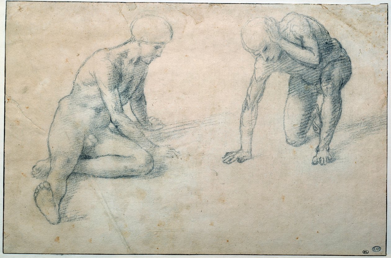 Dois homens nus de cócoras Desenho de Luca Signorelli (1441-1523) Sol do século XV. 0,31x0,7 m Paris, Musee du Louvre de Luca Signorelli