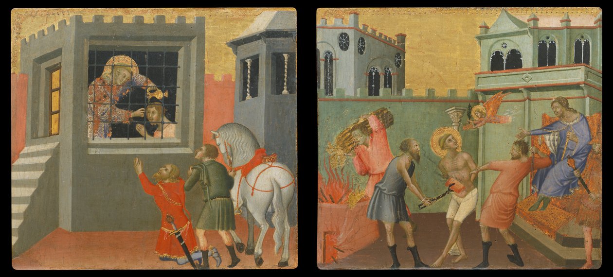 Painel Predella: O santo diácono baptiza um neófito da prisão, O santo diácono martirizado na presença de um magistrado romano (pintura sobre madeira) de Luca di Tommè