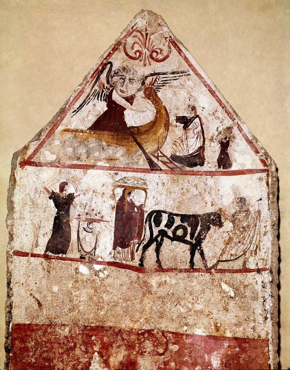 Um touro conduz sobre o altar do sacrifício afresco Lucaniano do século IV a.C., da necrópole de Andriuolo em Paestum, Itália. Museo nazionale archeologico, Paestum de Lucanian School