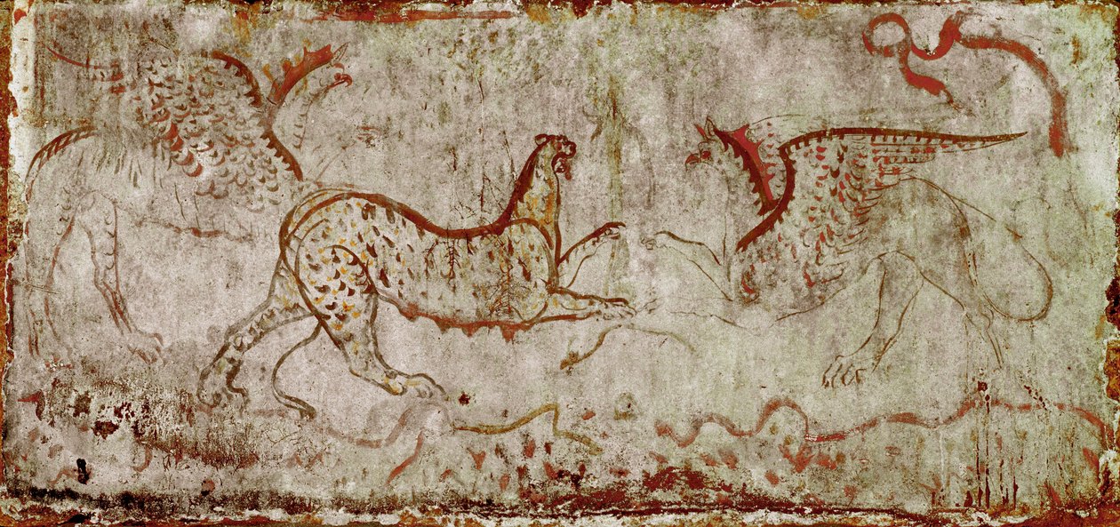 Uma luta entre um panthere e um grifo Lucanian fresco do século IV AC, do túmulo do Cavaleiro, necrópole de Paestum, Itália. Museo nazionale archeologico, Paestum de Lucanian School