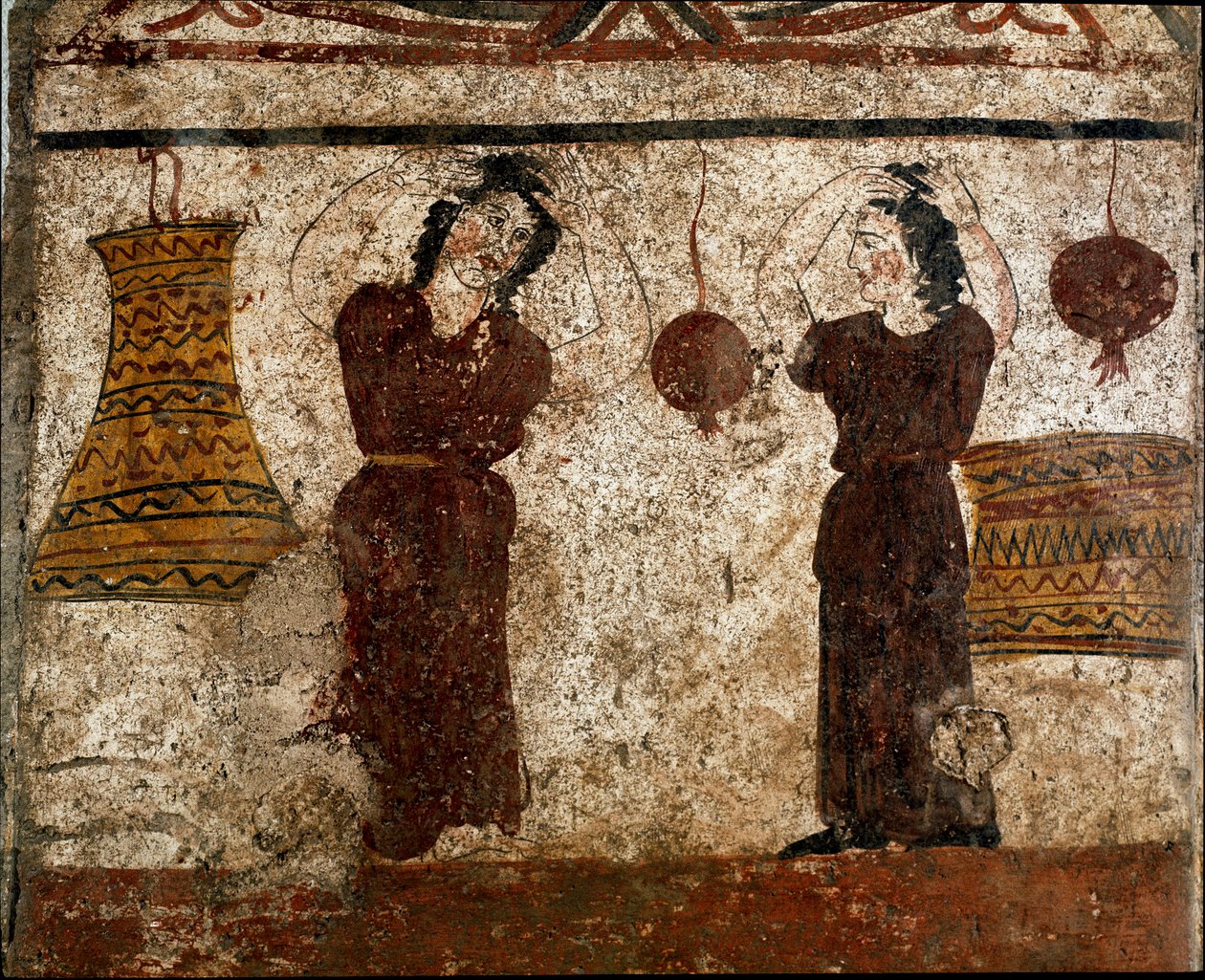 Um grupo de bailarinos durante um afresco de rito funerário Lucaniano do século IV a.C., da necrópole de Paestum, Itália. Museo nazionale archeologico, Paestum de Lucanian School