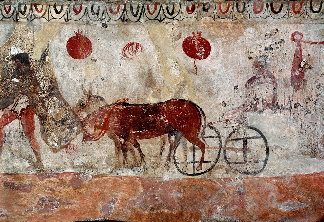 Um guarda-florestal e dois burros Lucanian fresco do século IV AC, da necrópole de Paestum, Itália. Museo nazionale archeologico, Paestum de Lucanian School