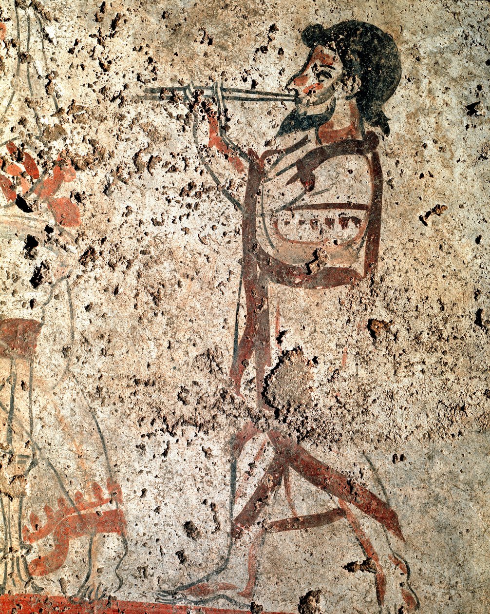 Músico tocando o afresco da flauta Lucanian do século IV a.C., da necrópole de Paestum, Itália. Museo nazionale archeologico, Paestum de Lucanian School