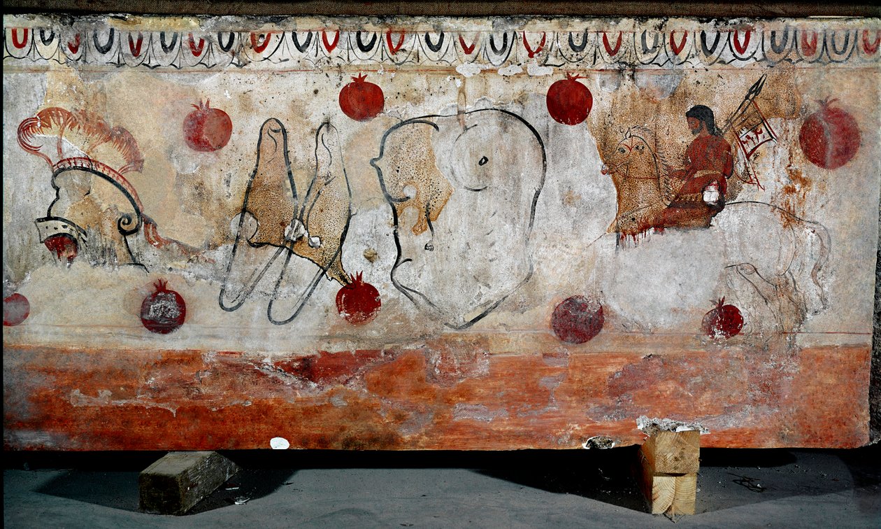 Um cavaleiro e os diferentes elementos da sua armadura afresco Lucaniano do século IV a.C., da necrópole de Paestum, Itália. Museo nazionale archeologico, Paestum de Lucanian School