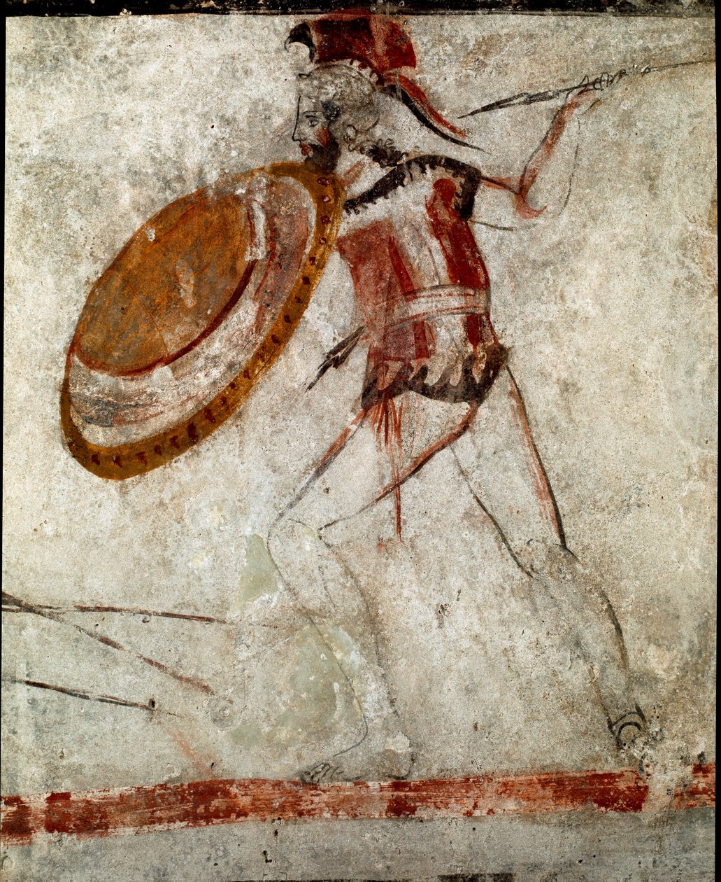 Um guerreiro com uma lança e um escudo Lucanian fresco do século 4 aC, do Túmulo do Cavaleiro, local de Paestum, Itália. Museo nazionale archeologico, Paestum de Lucanian School