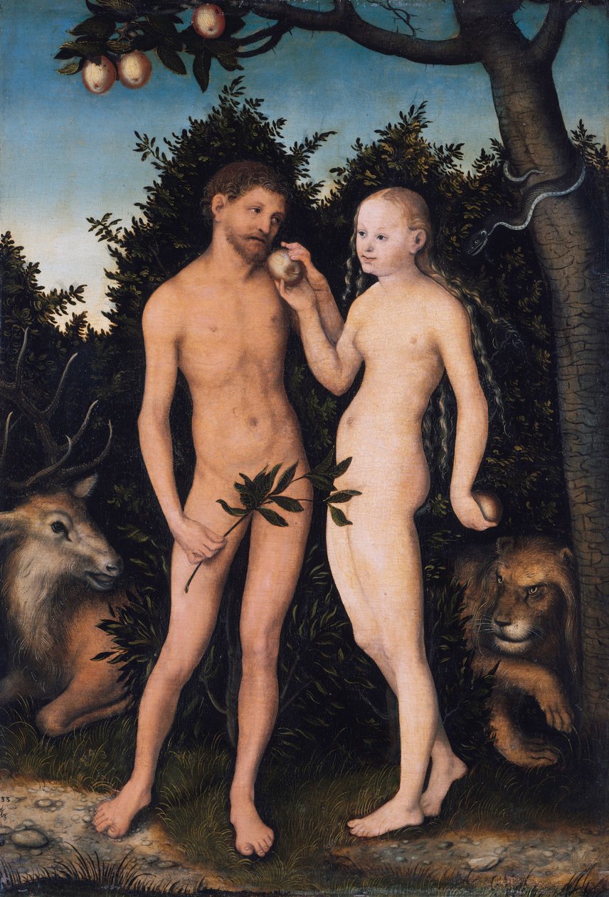 Adão e Eva no paraíso (queda do homem) de Lucas Cranach the Elder