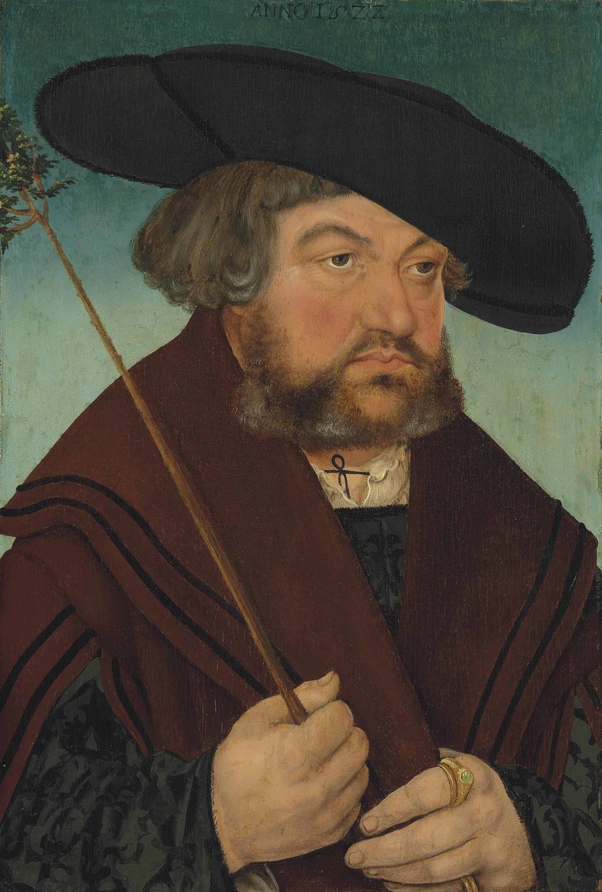 Retrato, de, um, homem, em, um, casaco preto, e, casaco marrom, segurando, um, ramo de Lucas Cranach the Elder