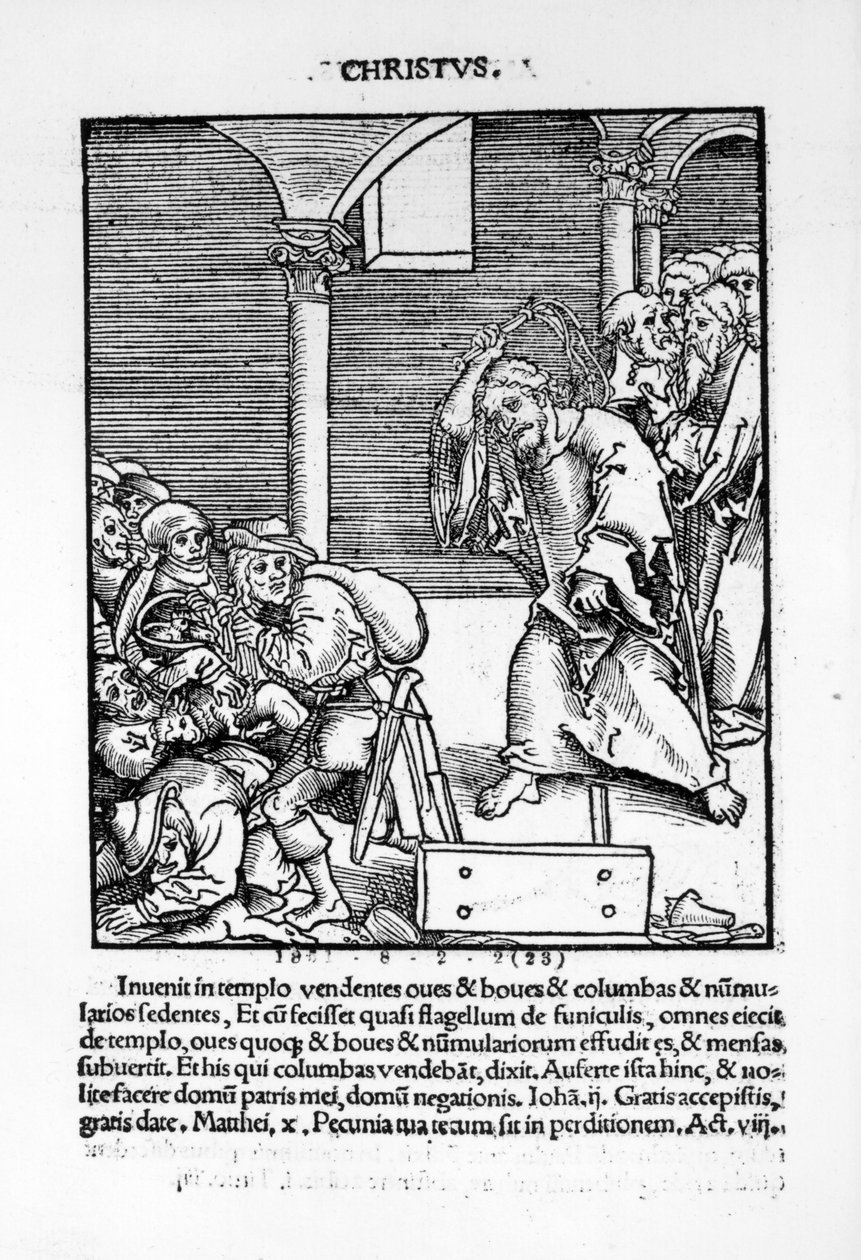 Cristo dirigindo os comerciantes e emprestadores de dinheiro do templo de &39;Passional Christi und Antichristi&39; por Philipp Melanchthon, publicado em 1521 de Lucas Cranach the Elder