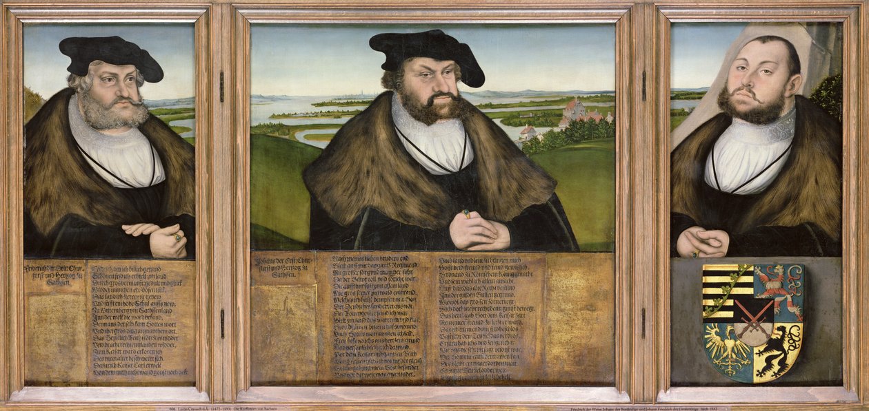 Eleitores da Saxônia: Friedrich, o Sábio (1482-1556) Johann o Firme (1468-1532) e Johann Friedrich, o Magnânimo (1503-54) 1532 de Lucas Cranach the Elder