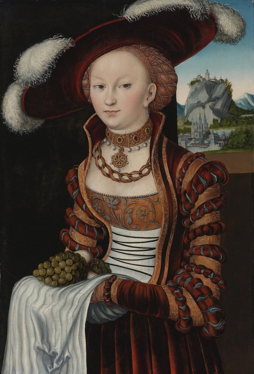 Retrato, de, um, mulher jovem, segurando, uvas, e, maçãs de Lucas Cranach the Elder
