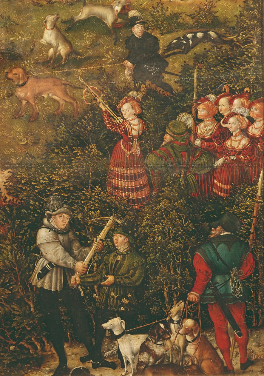A Electress Sybille da Saxônia preparava-se para atirar com sua besta na Caçada em Honra ao Imperador Carlos V, perto do Castelo Hartenfels, Torgau, 1544 (ver também 38682, 498129, 498131 e 7 de Lucas Cranach the Elder