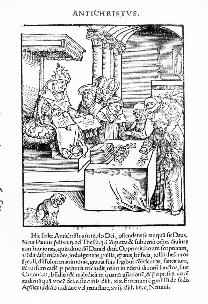 O papa vendendo indulgências de &39;Passional Christi und Antichristi&39; por Philipp Melanchthon, publicado em 1521 de Lucas Cranach the Elder