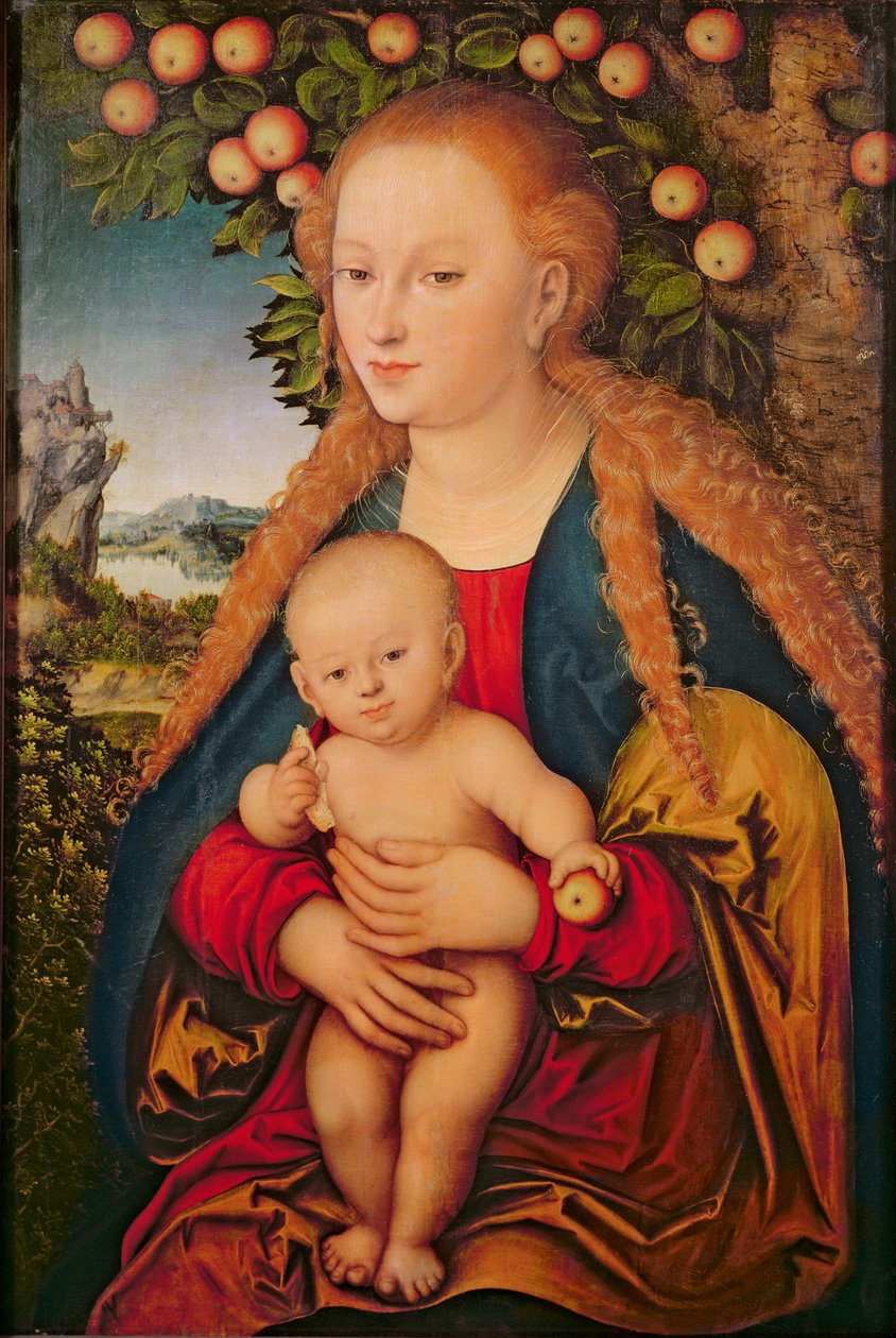 A Virgem e o Menino debaixo de uma Macieira, 1520-26 (óleo sobre tela transferido do pai) 99: Jesus Cristo; bebê; colo; maçãs; panorama; fundo; simbolismo; Véspera; pecado; simbólico; infantil; rur de Lucas Cranach the Elder