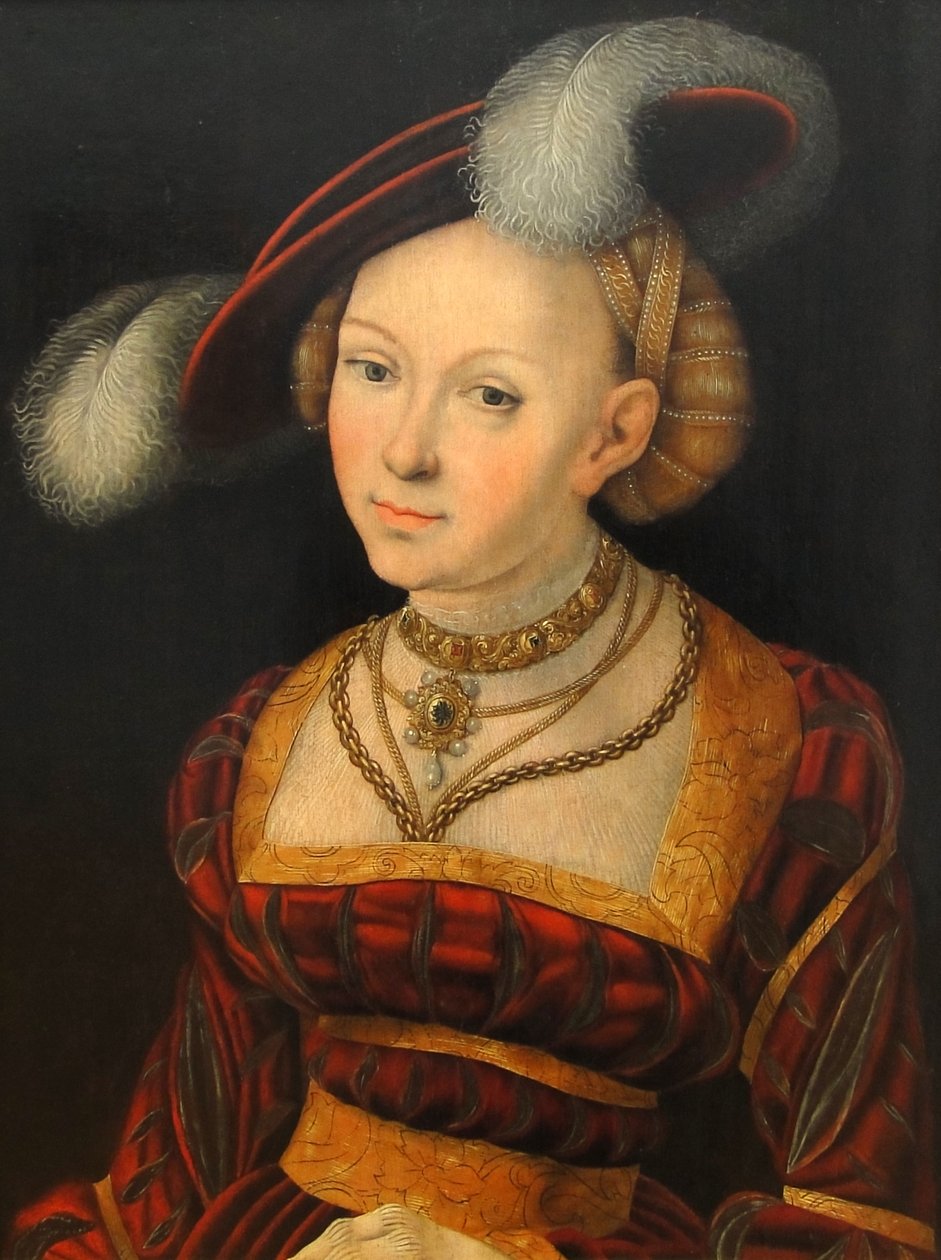 Metade figura feminina com chapéu de penas de Lucas Cranach the Elder