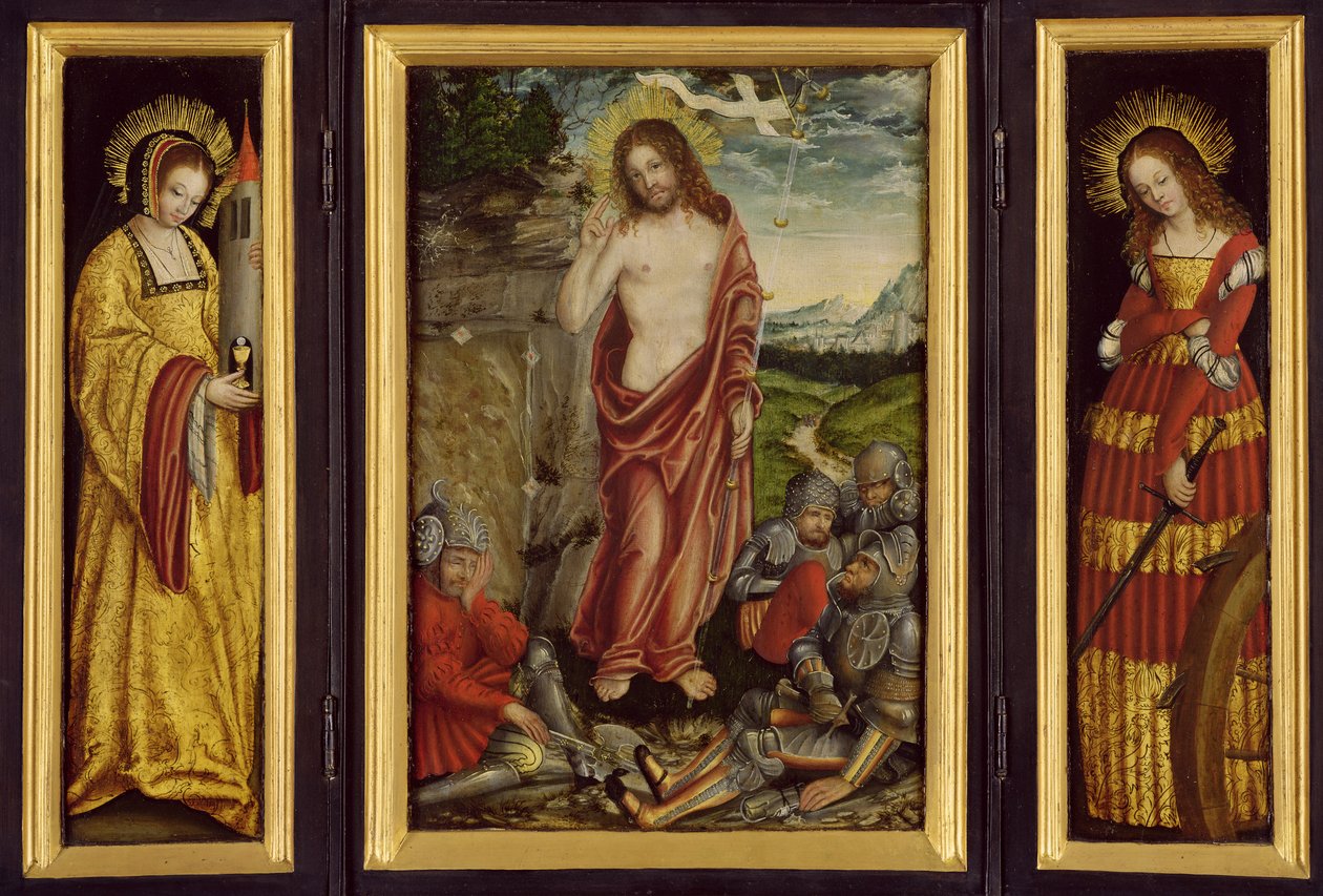 Pequeno altar alado com a ressurreição de Cristo, Santa Bárbara (esquerda) e Santa Catharina (ala direita), 1508-10 de Lucas Cranach the Elder