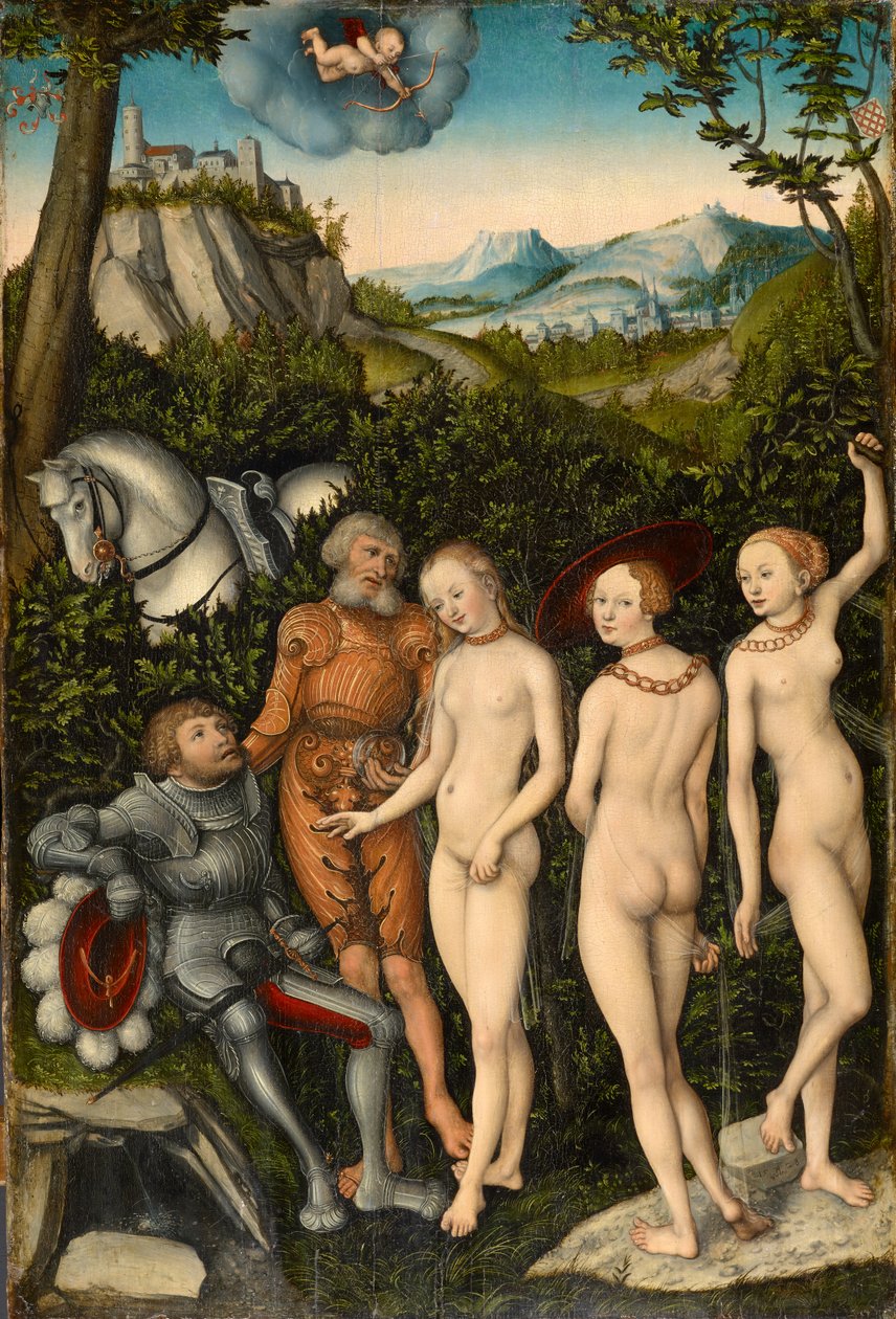 O Julgamento de Paris, 1528 (mídia mista sobre madeira) de Lucas Cranach the Elder