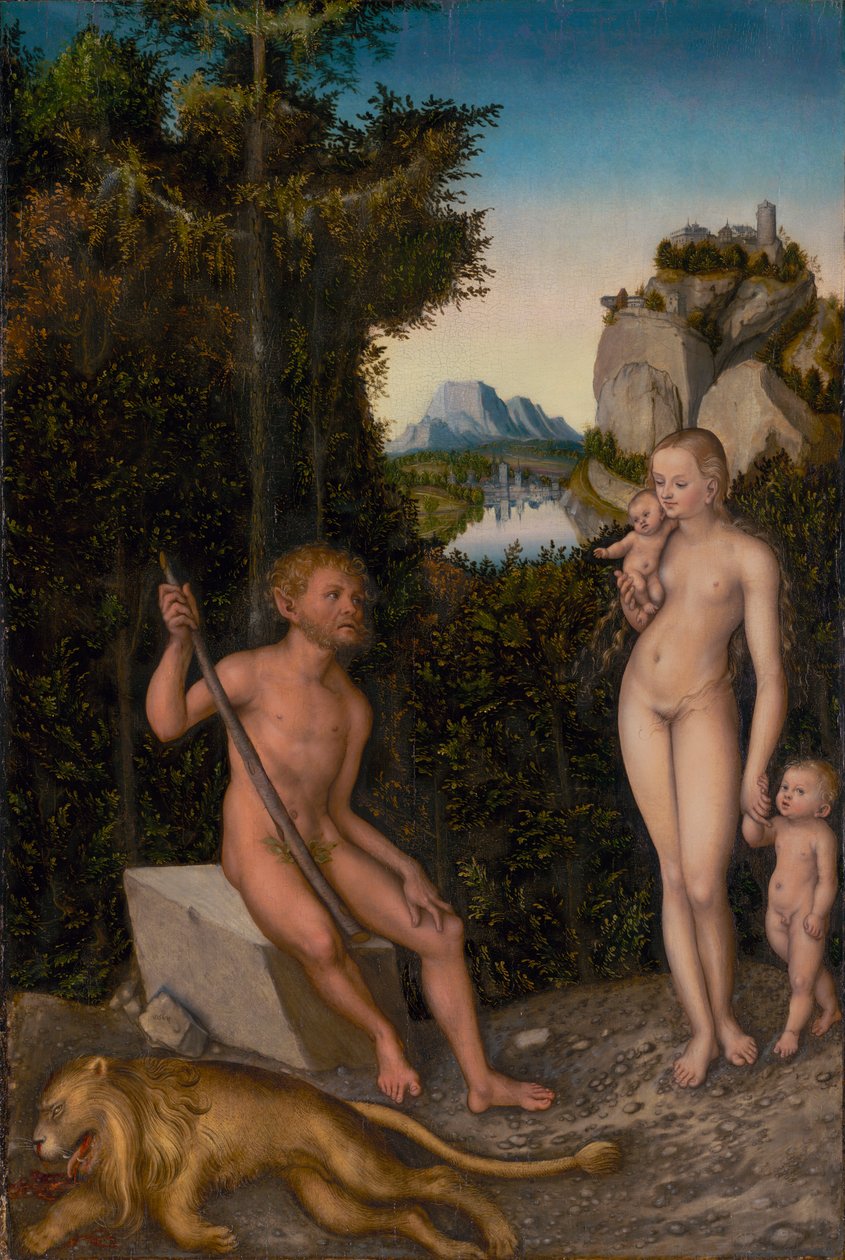 Um Fauno e Sua Família com um Leão morto de Lucas Cranach the Elder