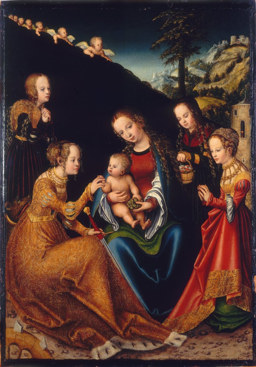 O Casamento Místico de Santa Catarina de Alexandria com Santos Dorothy, Margaret and Barbara de Lucas Cranach the Elder