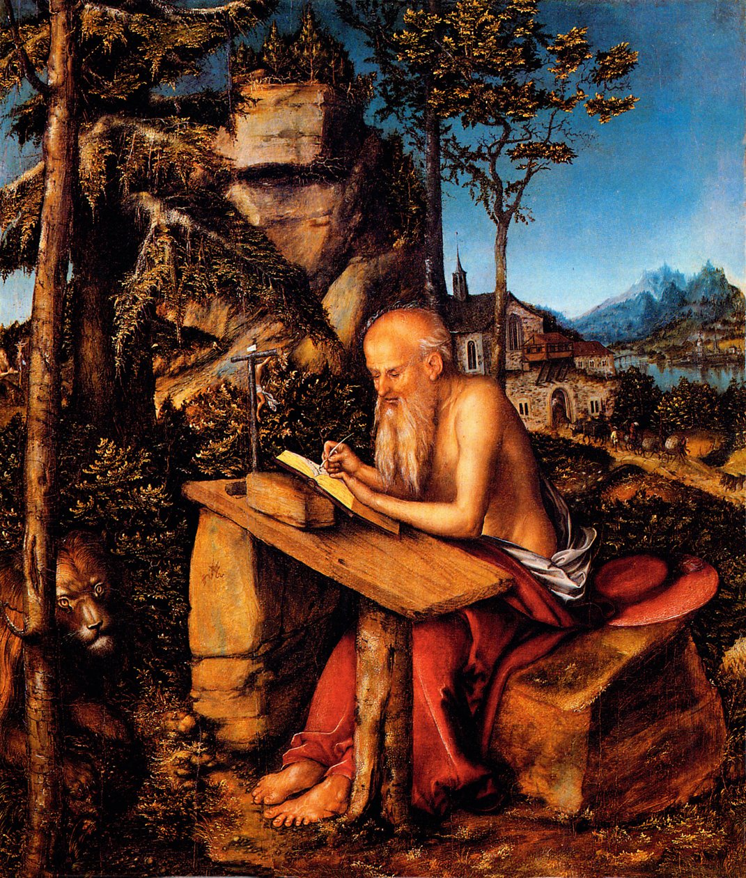 São Jerônimo no deserto - São Jerônimo escrevendo em uma paisagem de Lucas Cranach the Elder