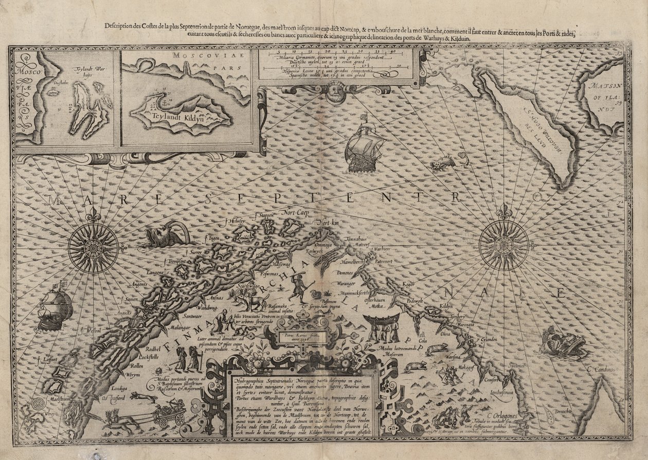 Mapa do norte da Noruega com trechos ampliados de Vardø e Kildin por Willem Barents de Lucas Janszoon Waghenaer